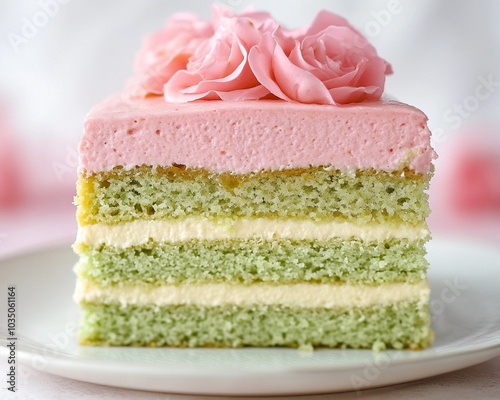 an extreme close-up, parallel horizontal front view, surface of a sliced pistachio rose cake, filling the entire frame with its intricate layers