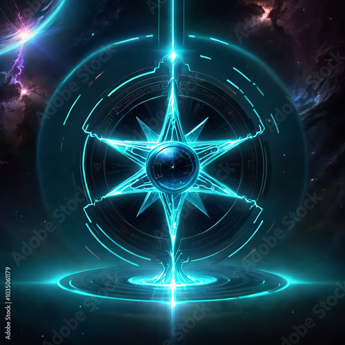 A futuristic, glowing, sixpointed star compass with a central orb surrounded by a ring of glowing symbols. The compass is set against a backdrop of a nebula, stars, and a distant planet. The starshape photo