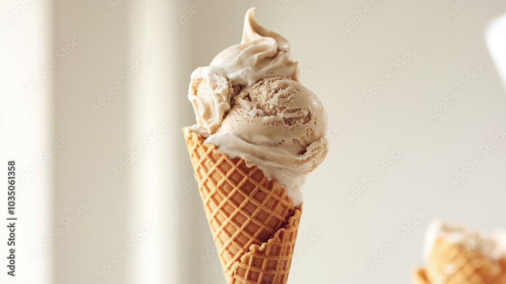 Delicious frozen coffee-flavored ice cream in a waffle cone, set against a bright background, perfect for summer dessert or refreshing treat-themed content. Delicious frozen coffee-flavored ice cream in a waffle cone, set against a bright background, perfect for summer dessert or refreshing treat-themed content.