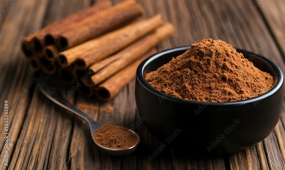 Cinnamon sticks on a wooden table. Cinnamon powder in a spoon and bowl, Generative AI Cinnamon sticks on a wooden table. Cinnamon powder in a spoon and bowl, Generative AI