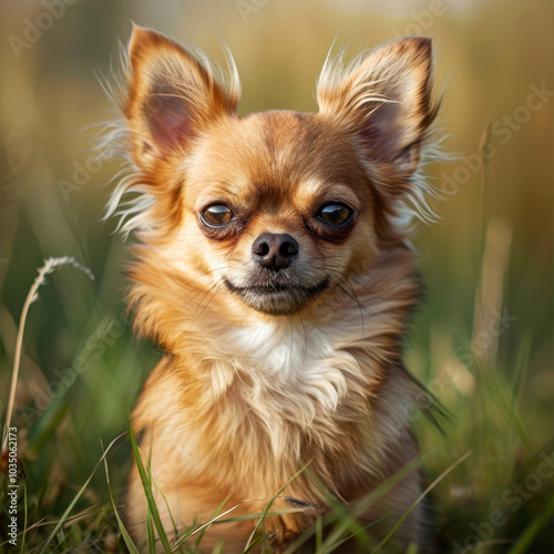 Chihuahua with fluffy coat sitting in a sunny field, displaying a serene and alert expression, surrounded by nature's gentle greenery.