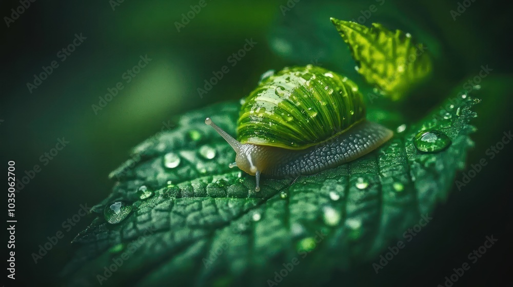 A Green Snail Crawling on a Dew-Covered Leaf A Green Snail Crawling on a Dew-Covered Leaf