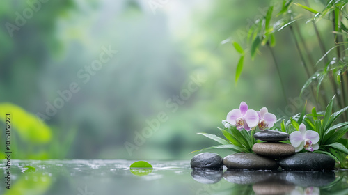 Zen stone stack with orchid flowers, bamboo leaves, and a serene water backdrop in a spa setting photo