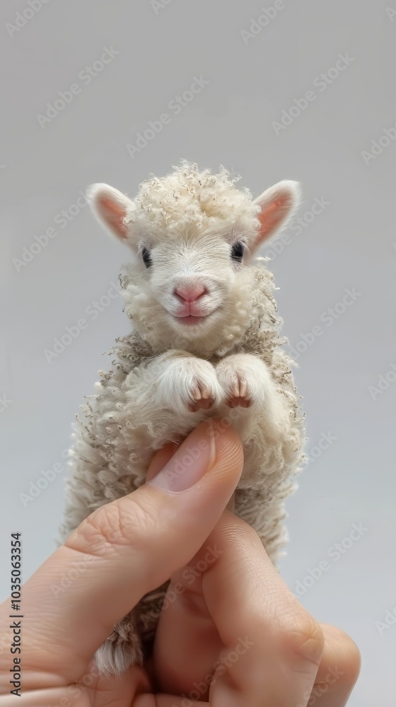Cute  Sheep sits on the tip of a woman's finger