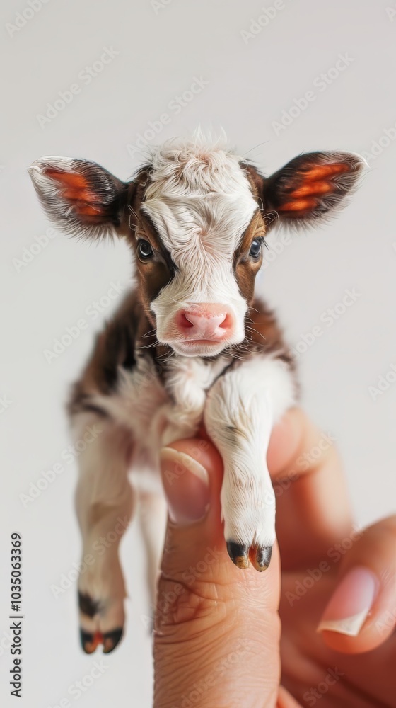 Cute Cow sits on the tip of a woman's finger Cute Cow sits on the tip of a woman's finger