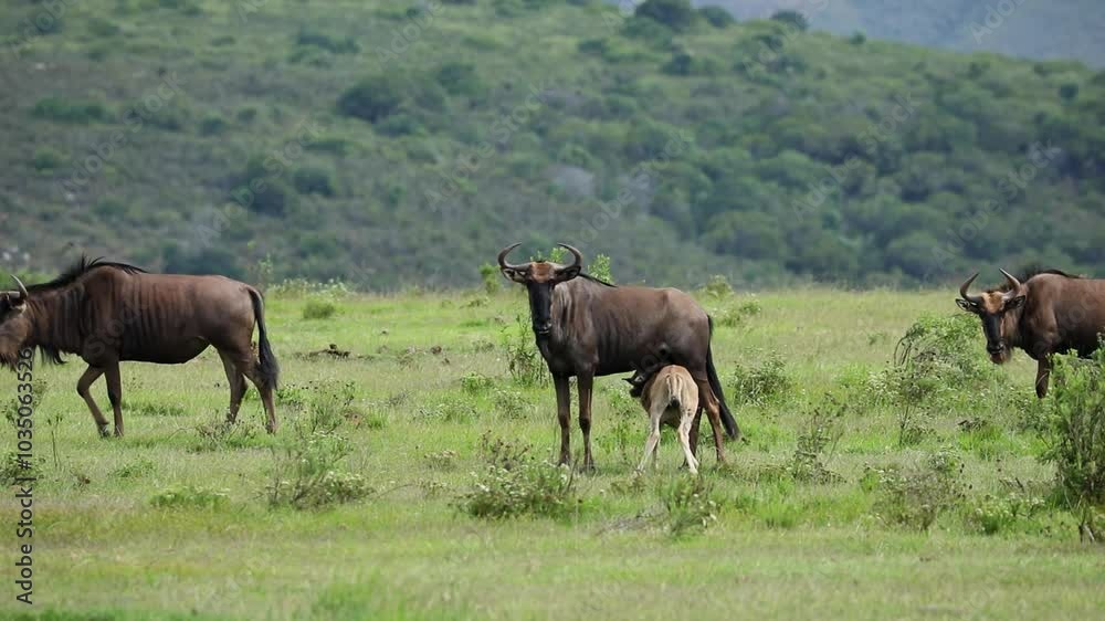 Thirsty blue Wildebeest calf drinking milk from its mom in field, telephoto Thirsty blue Wildebeest calf drinking milk from its mom in field, telephoto