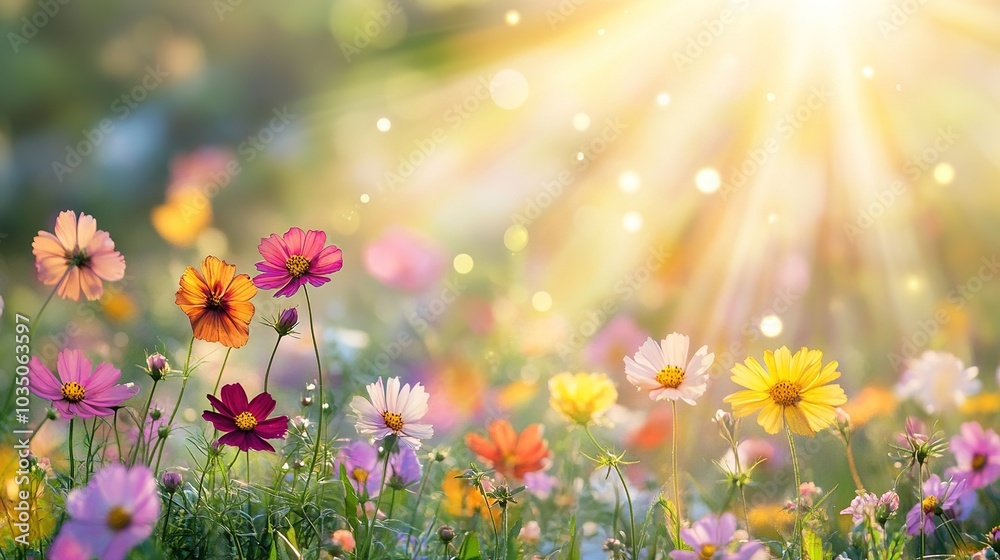 Fototapeta premium Vibrant Flower Field with Soft Sunlight Beams