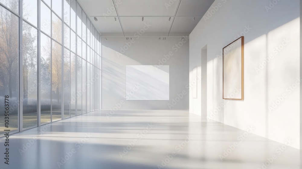 Art gallery with white walls and large windows