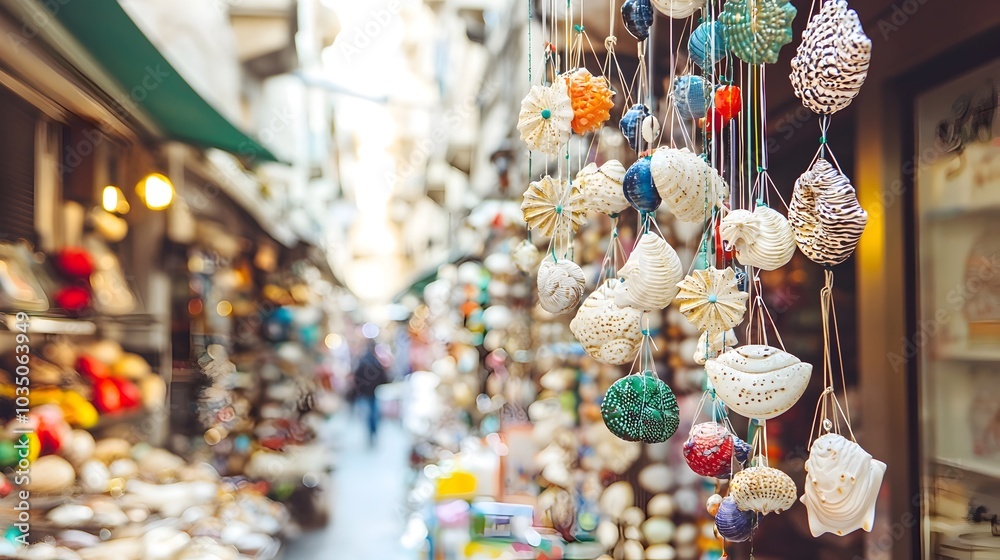 Naklejka premium Bustling Coastal Street Market with a Variety of Seafood and Beach Themed Merchandise for Sale to Tourists and Locals Alike