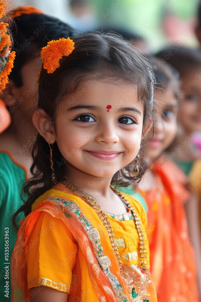 Happy Indian children in national costumes with self-esteem, on Children's Day in India, Bal Divas. Poster, postcard, banner for visual images related to culture, traditions and festivals Happy Indian children in national costumes with self-esteem, on Children's Day in India, Bal Divas. Poster, postcard, banner for visual images related to culture, traditions and festivals