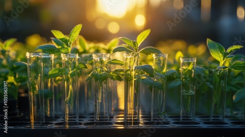 Sunlit Lab-Grown Plants in Test Tubes