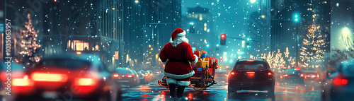 Santa delivering presents through a city at night, but looking exasperated as he s stuck in traffic with his sleigh photo