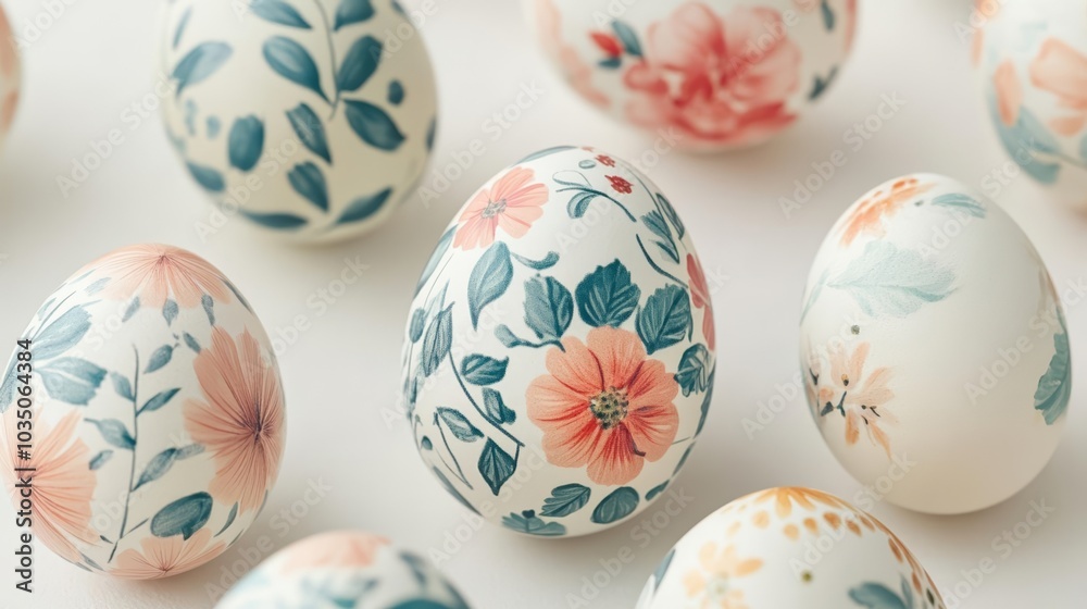 Close-up of beautifully decorated Easter eggs with detailed floral and geometric patterns in contrasting colors, creating a festive display Close-up of beautifully decorated Easter eggs with detailed floral and geometric patterns in contrasting colors, creating a festive display