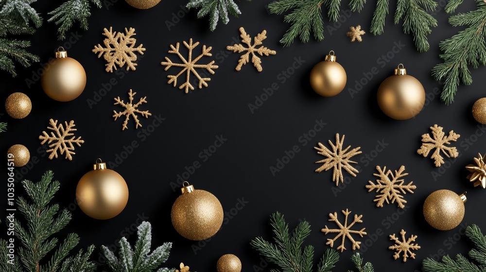 Elegant Christmas pattern with gold ornaments, snowflakes, and greenery on a black background Elegant Christmas pattern with gold ornaments, snowflakes, and greenery on a black background