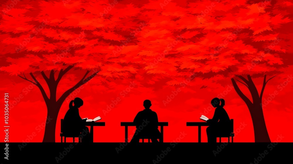Three silhouetted figures sit at tables under vibrant red trees, creating a dramatic contrast against a striking backdrop. Three silhouetted figures sit at tables under vibrant red trees, creating a dramatic contrast against a striking backdrop.