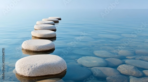 Meditative scene with stepping stones on calm blue water, embodying serenity and balance