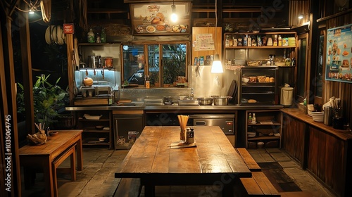 A traditional kitchen setup in a som tum restaurant, serving nam tok moo in a homely atmosphere photo