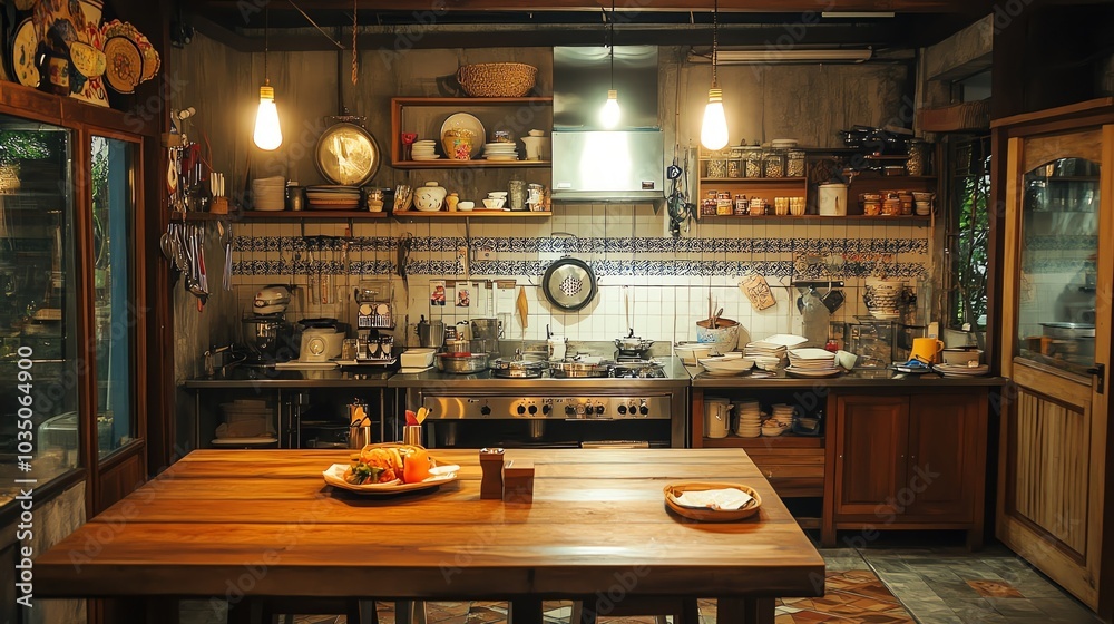 A traditional kitchen setup in a som tum restaurant, serving nam tok moo in a homely atmosphere A traditional kitchen setup in a som tum restaurant, serving nam tok moo in a homely atmosphere
