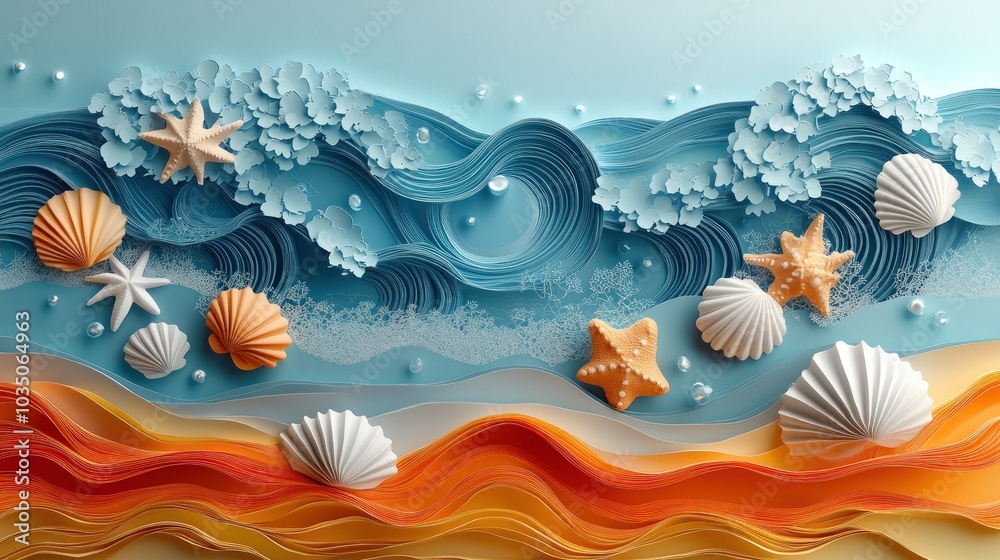 Colorful paper art depicting ocean waves and seashells. Colorful paper art depicting ocean waves and seashells.