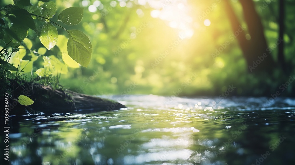 Tranquil Stream in Sunlit Green Forest Tranquil Stream in Sunlit Green Forest