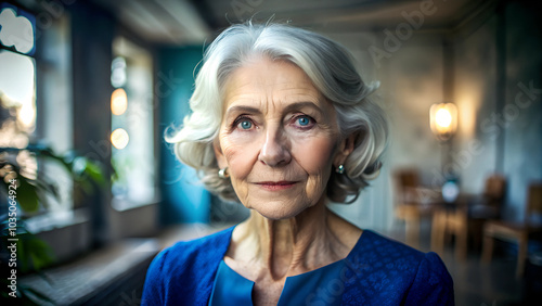 Portrait of an old woman with gray hair, with blue eyes.