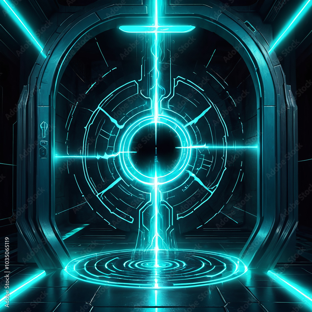 A futuristic scifi doorway with a glowing neon blue circular design. The doorway is surrounded by metallic walls and a glowing floor. A futuristic scifi doorway with a glowing neon blue circular design. The doorway is surrounded by metallic walls and a glowing floor.