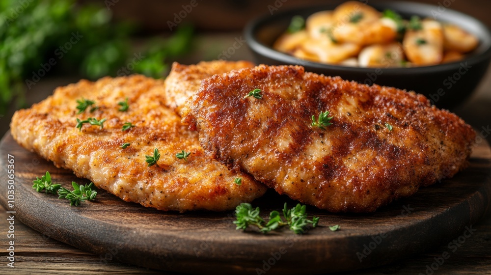 Crispy Chicken Schnitzel with Herb Garnish Crispy Chicken Schnitzel with Herb Garnish