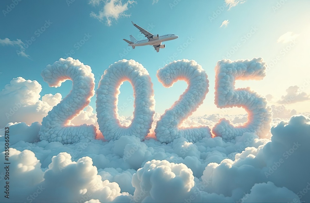Naklejka premium Fantastic illustration with cumulus clouds in the sky in the form of numbers 2025 and a flying passenger plane. symbolizing the start of the new year, travel, vacations and new tourist destinations