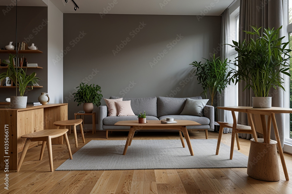 Fototapeta premium Scandinavian Living Room Inspiration Grey Sofa, Green Plants, and Natural Elegance