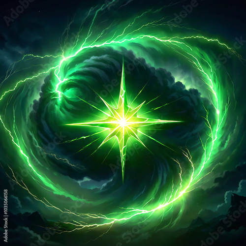 A radiant, multipointed star, glowing green, is encased in swirling, electric green clouds. The star illuminates the storm with its bright light. photo