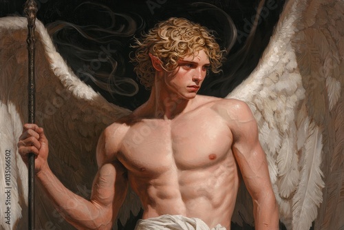 Angelic Strength: A Muscular Winged Figure Holds a Staff, Powerful and Serene.