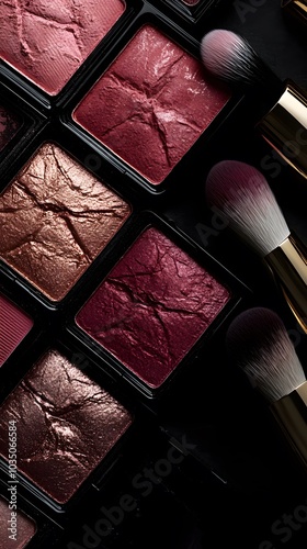 A makeup palette with blushes and brushes, set against a black background