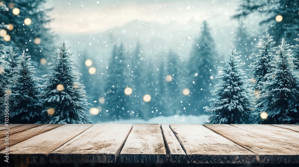 A wooden table on a background of trees and snow. A wooden table on a background of trees and snow.