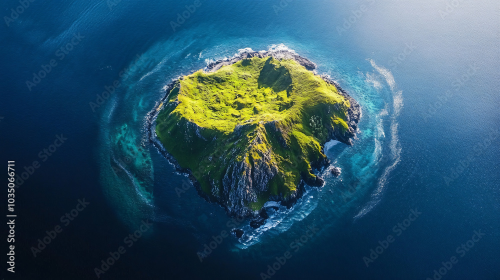 Fototapeta premium An aerial view of a remote island, showcasing its unique shape and surrounding ocean.