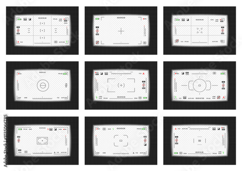 Camera viewfinder video or photo frame recorder flat style design vector illustration set. Digital camera viewfinder collection with exposure settings and focusing grid template.