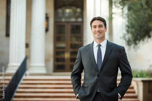 A confident male lawyer in a formal suit, standing in front of a courthouse, Businessman in an elegant expensive suit, People photography