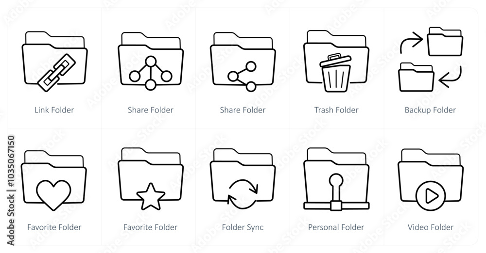 Fototapeta premium A set of 10 Folder icons as link folder, share folder, trash folder