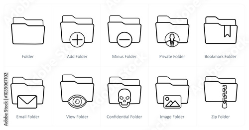 A set of 10 Folder icons as folder, add folder, minus folder