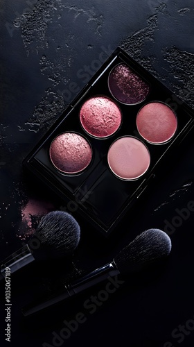 A makeup palette with blushes and brushes, set against a black background
