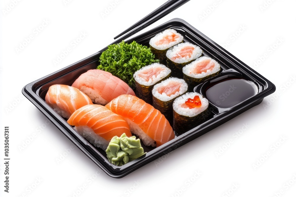 Realistic photo of a bento box filled with sushi, sashimi, and soy sauce, showcasing vibrant colors and textures. Realistic photo of a bento box filled with sushi, sashimi, and soy sauce, showcasing vibrant colors and textures.