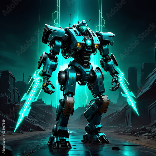 A large, tealcolored, cybernetic mech warrior with dual glowing blue blades stands in a postapocalyptic cityscape. Electric bolts stream down from above, creating a dramatic glow. photo