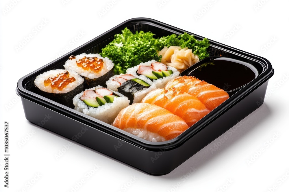 Realistic photo of a bento box filled with sushi, sashimi, and soy sauce, showcasing vibrant colors and textures. Realistic photo of a bento box filled with sushi, sashimi, and soy sauce, showcasing vibrant colors and textures.