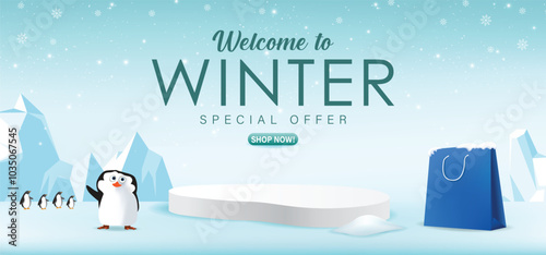 Winter sale 3d with podium for special offer and shop now with snow and ice season with the winter theme.