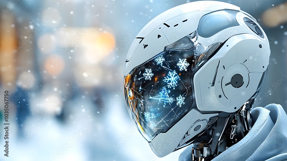 A futuristic robot with a snow-themed visor stands in a wintery environment, showcasing a blend of technology and seasonal elements. A futuristic robot with a snow-themed visor stands in a wintery environment, showcasing a blend of technology and seasonal elements.