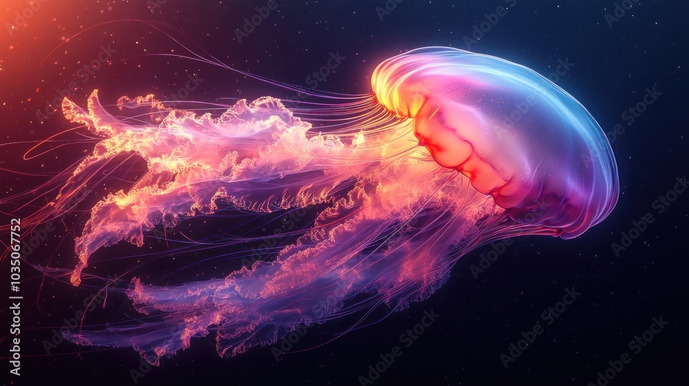 Vibrant jellyfish illuminated in a cosmic underwater scene. Vibrant jellyfish illuminated in a cosmic underwater scene.