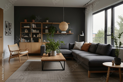 Obraz na płótnie Scandinavian Living Room Inspiration Grey Sofa, Green Plants, and Natural Elegance w salonie