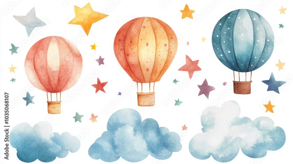 Hot Air Balloons and Stars Illustration Hot Air Balloons and Stars Illustration