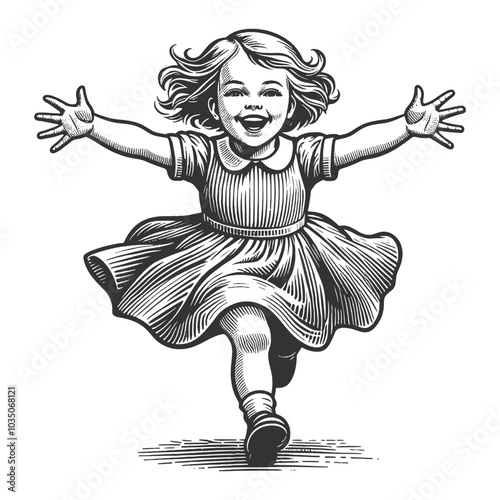 joyful little girl running with open arms, smiling and carefree, capturing the essence of childhood happiness and innocence sketch engraving generative ai vector illustration. Black and white image.