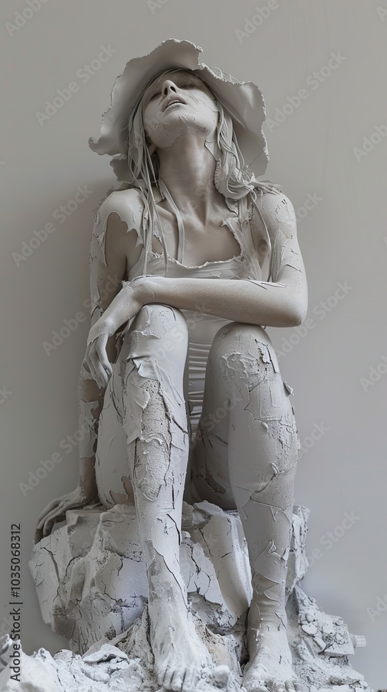 White Sculpture of a Woman Sitting: A Study in Texture and Form White Sculpture of a Woman Sitting: A Study in Texture and Form