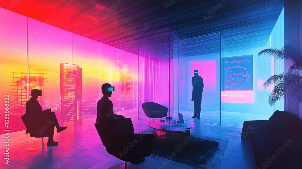 Virtual office in the metaverse, employees working in immersive digital spaces, VR environment with interactive elements. Virtual office in the metaverse, employees working in immersive digital spaces, VR environment with interactive elements.